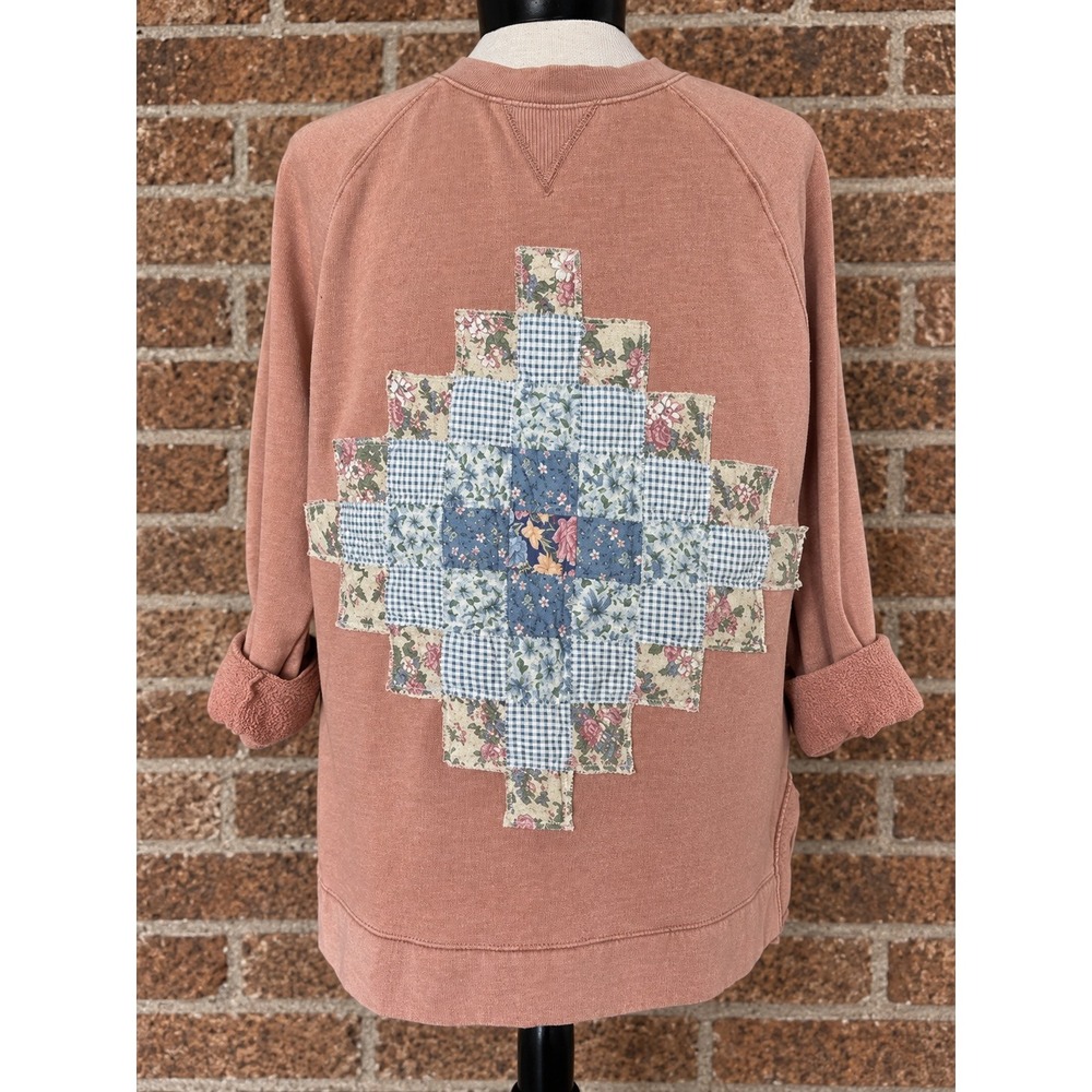 Custom Upcycled Patchwork Quilt Sweatshirt Pink floral Boho Cottagecore Large